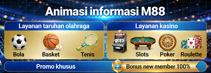 Animasi informasi M88 - Tampilan berbagai layanan taruhan olahraga dan kasino